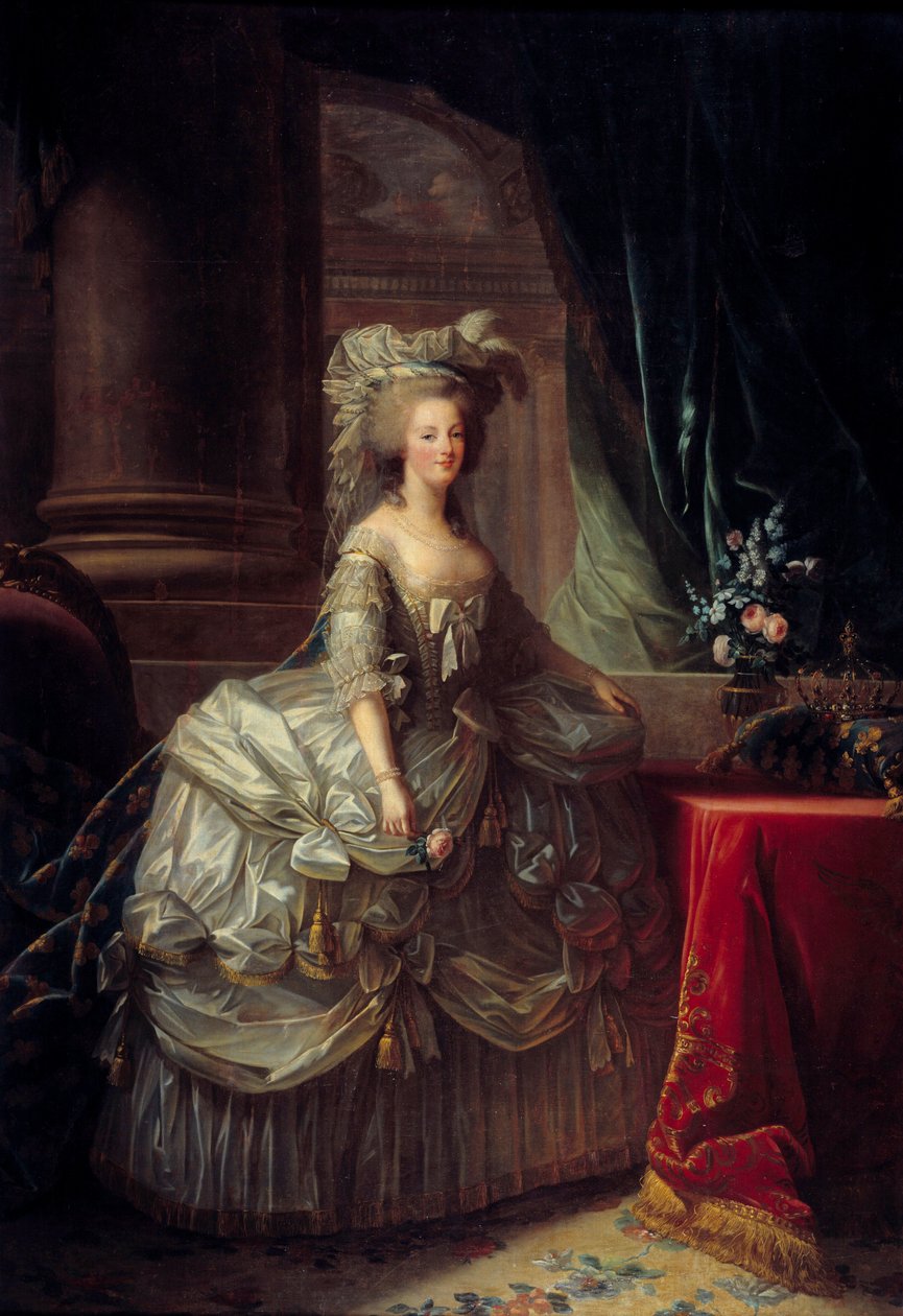 Kuningatar Marie Antoinette (1755 - 1793) muotokuva. Marie Elisabeth Louise Vigee Le brunin (tai Vigee-Lebrunin tai Vigee Lebrunin) maalaus (1755-1842). 1800-luvulla. Öljy kankaalle. Mitat: 2,76 x 1,93 m. - Täyspitkä muotokuva kuningatar Marie Antoinettest tekijältä Elisabeth Louise Vigee Lebrun