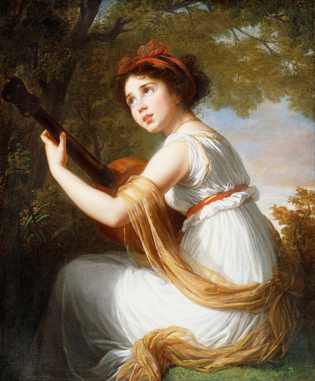 Taiteilijan tyttären muotokuva, istuu kolme neljäsosaa, soittaa kitaraa, n. 1797 tekijältä Elisabeth Louise Vigee Lebrun