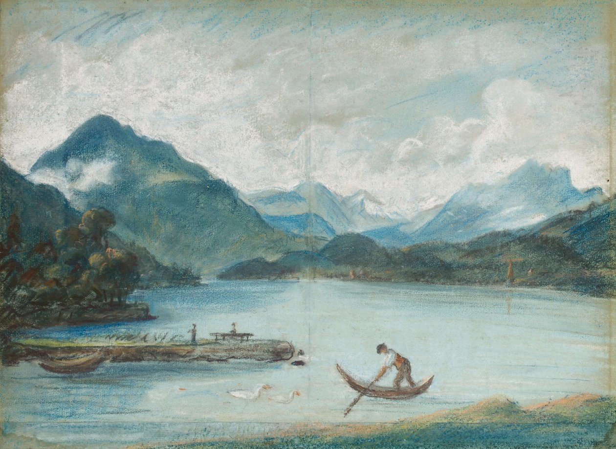 Näkymä Genevejärvelle pienellä veneellä soutavan miehen ja kahden joutsenen kanssa tekijältä Elisabeth Louise Vigee Lebrun