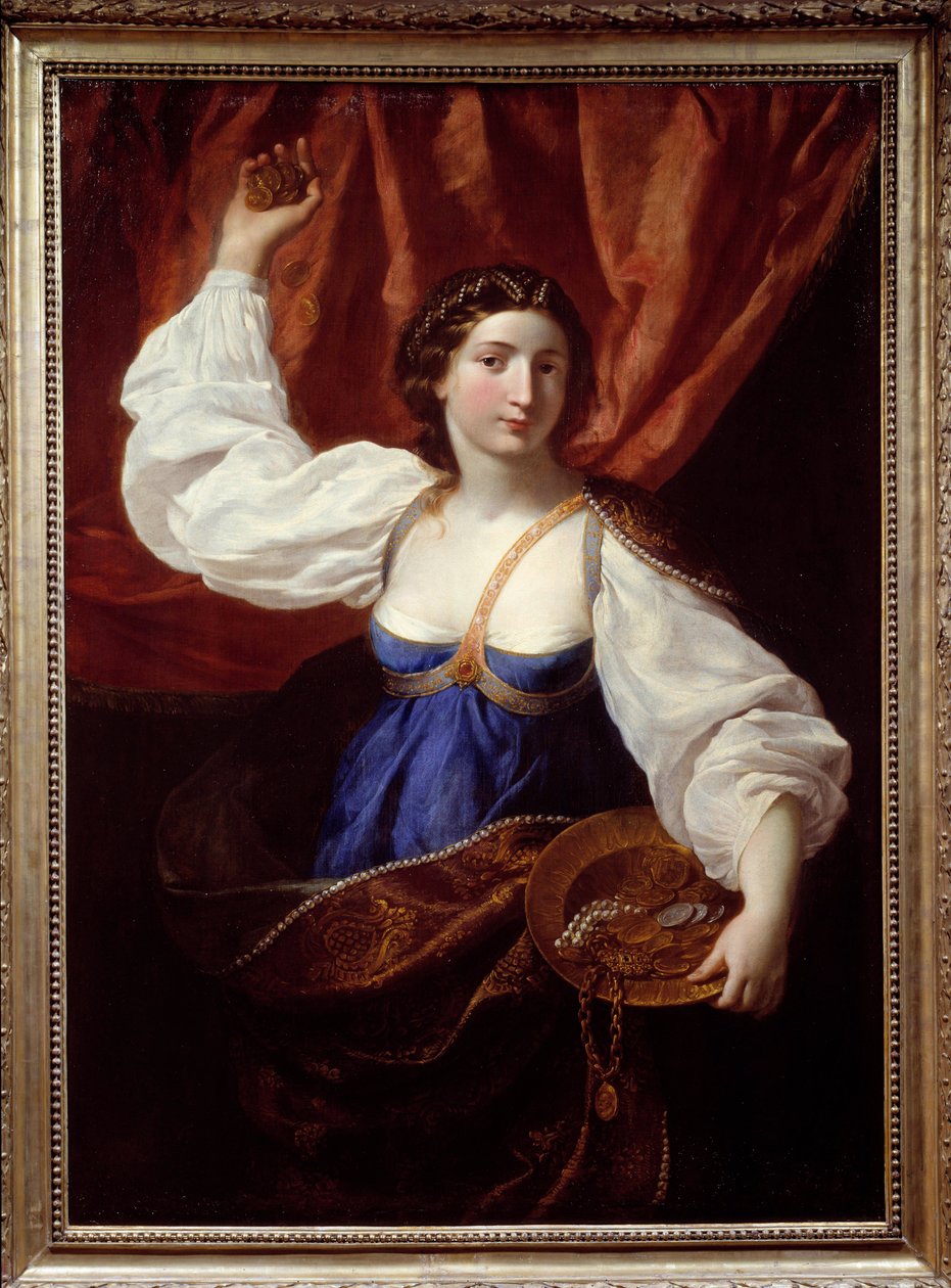 Liberality Nuori nainen, jolla on kullalla ja koruilla täytetty tarjotin. Elisabetta Siranin (1638-1665) maalaus 1600-luvun Nimes, Kuvataidemuseo tekijältä Elisabetta Sirani