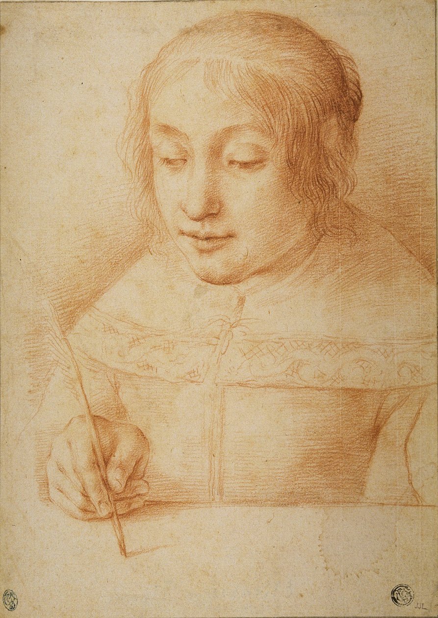 Nuori nainen kirjoittaa tai piirtää tekijältä Elisabetta Sirani