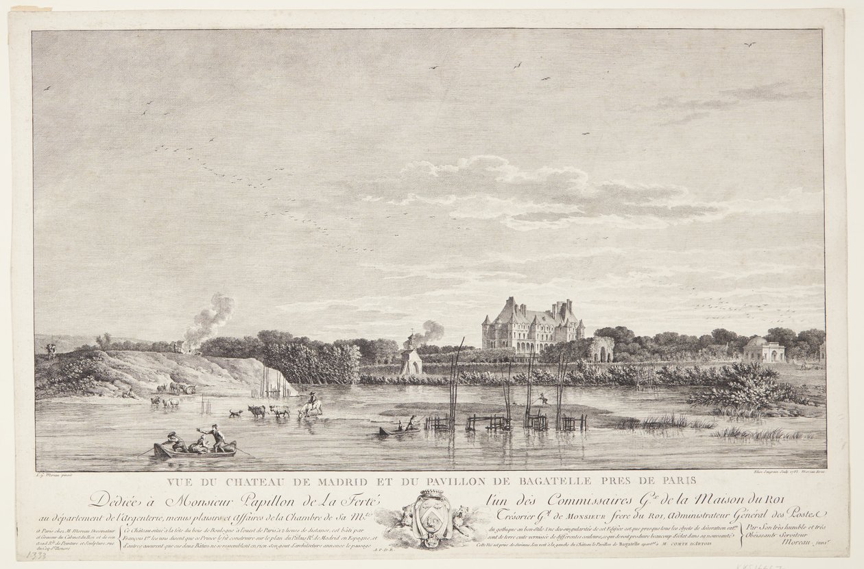 Näkymä Château de Madridille ja Pavillon de Bagatellelle (Vue du Chateau de Madrid et du Pavillon de Bagatelle pres de Paris) tekijältä Elise Saugrain
