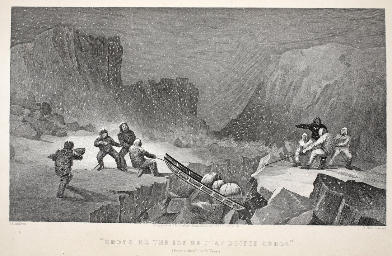 Jäävyöhykkeen ylittäminen Coffee Gorgessa, esimerkki teoksesta "Toinen Grinnell-retkikunta Sir John Franklinia etsimässä...", 1856 tekijältä Elisha Kane