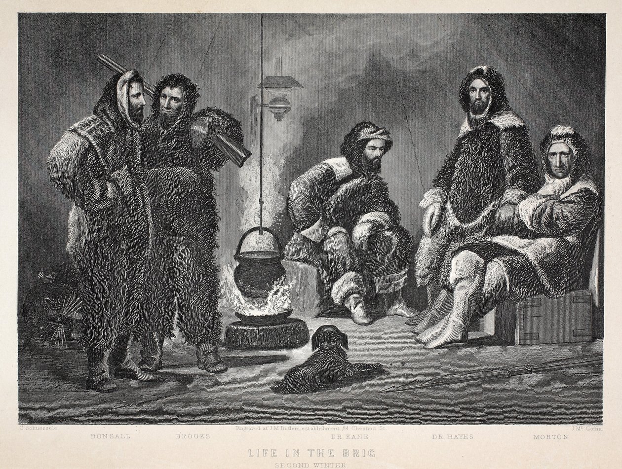 Life in the Brig, kuvitus teoksesta "Toinen Grinnell-retkikunta Sir John Franklinia etsimässä...", 1856 tekijältä Elisha Kane