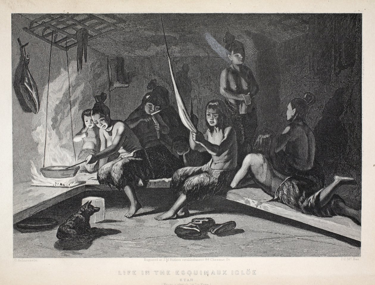 Elämää eskimoiden Igloessa, Etah, kuvitus teoksesta "The Second Grinnell Expedition in Search of Sir John Franklin", 1856. tekijältä Elisha Kane