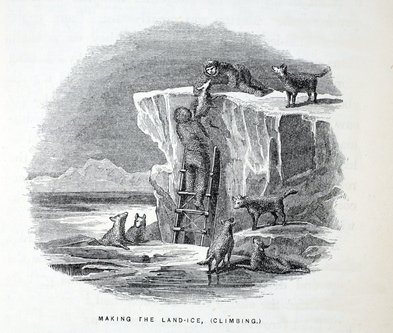 Making the Land-Ice, Climbing, kuvitus teoksesta "Toinen Grinnell-retkikunta Sir John Franklinia etsimässä...", 1856 tekijältä Elisha Kane