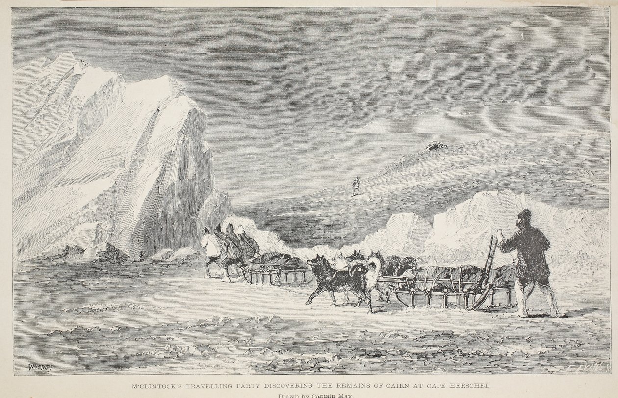 McClintockin matkaseurueet löytämässä Cairnin jäänteitä Cape Herschelissä, esimerkki teoksesta "Toinen Grinnell-retkikunta Sir John Franklinia etsimässä...", 1856 tekijältä Elisha Kane