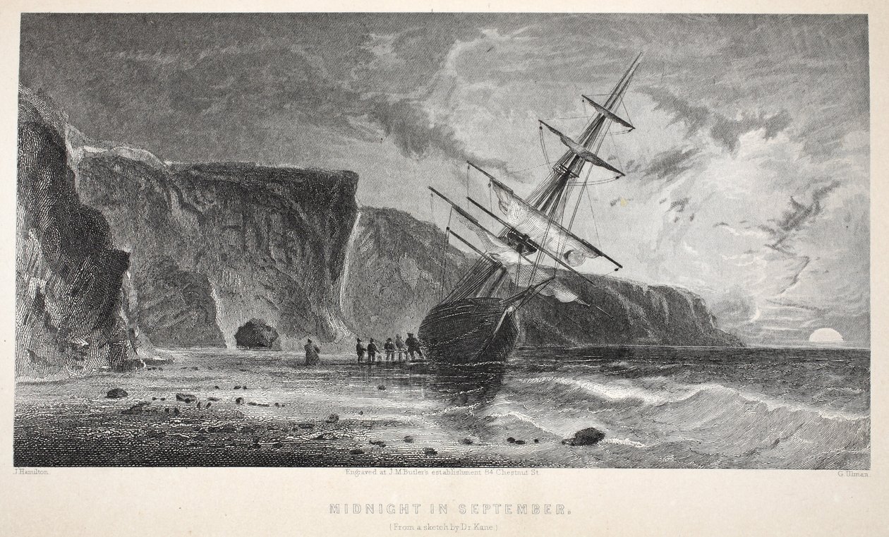 Keskiyö syyskuussa, kuvitus teoksesta "Toinen Grinnell-retkikunta Sir John Franklinia etsimässä...", 1856 tekijältä Elisha Kane