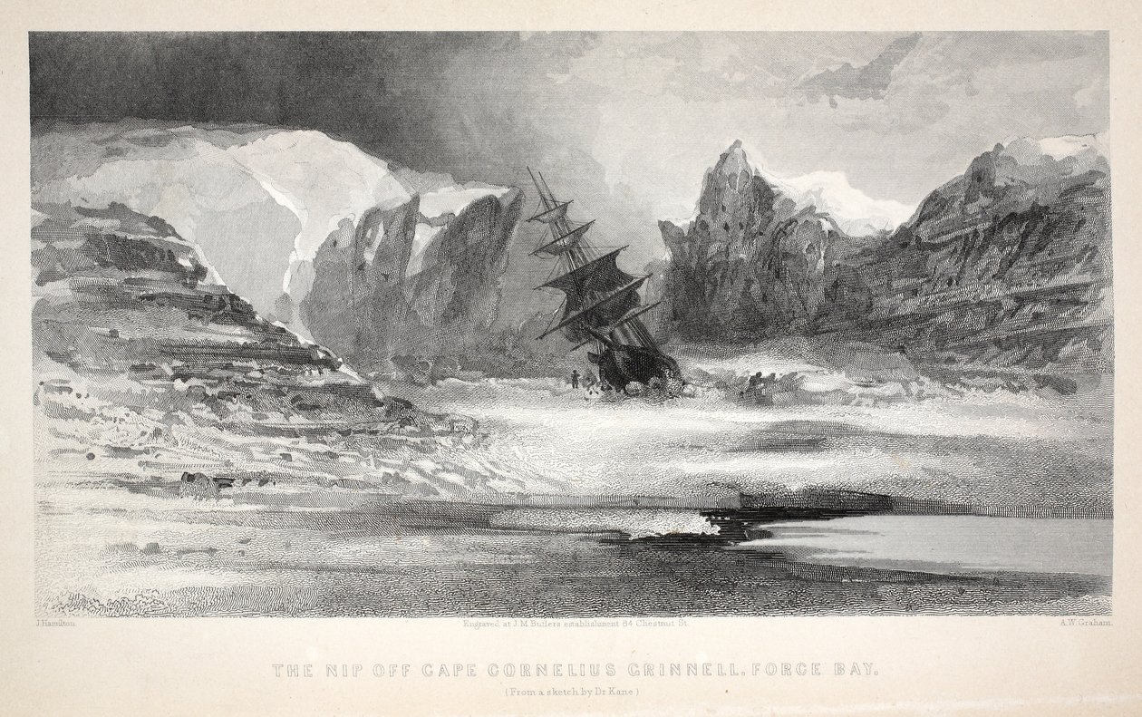 The Nip off Cape Cornelius Grinnell, Force Bay, kuvitus teoksesta "Toinen Grinnell-retkikunta Sir John Franklinia etsimässä...", 1856 tekijältä Elisha Kane