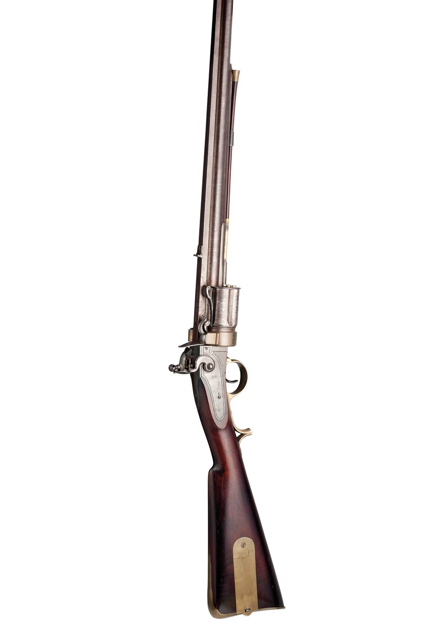 28-reikäinen Collier-patentti viiden laukauksen käsin pyörivä piikivilukkoinen pyörivä sotilastyyppinen kivääri, n. 1819-20 (puu, teräs ja messinki) tekijältä Elisha Haydon Collier