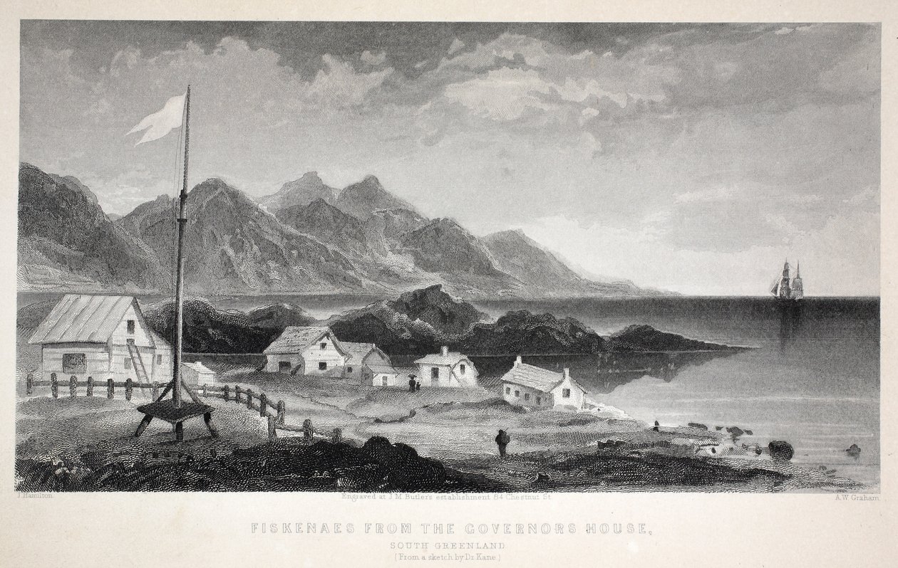 Fiskenaes kuvernöörin talosta, kuvitus teoksesta "Toinen Grinnell-retkikunta Sir John Franklinia etsimässä...", 1856 tekijältä Elisha Kane