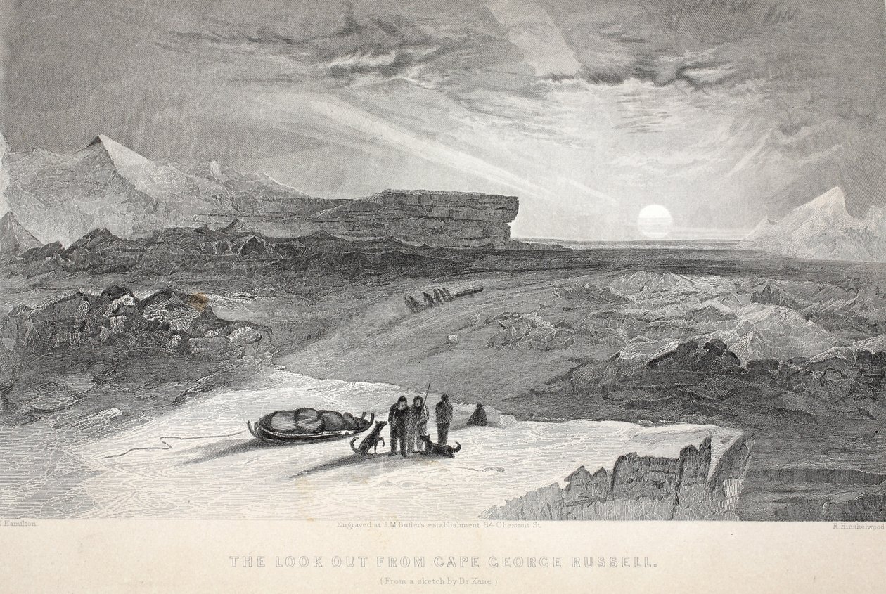 Katsele Cape George Russellista, kuvitus teoksesta "Toinen Grinnell-retkikunta Sir John Franklinia etsimässä...", 1856 tekijältä Elisha Kane