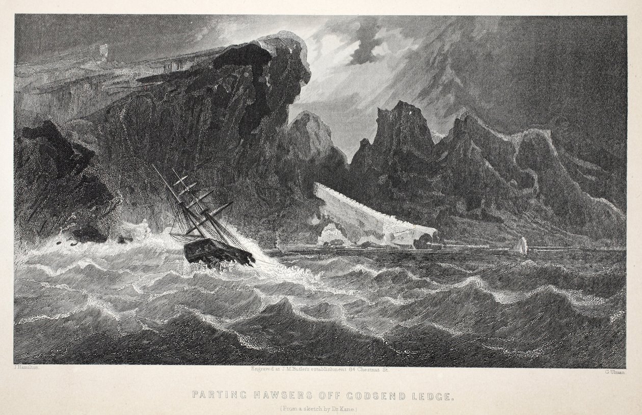 Erottelevat Hawserit Godsend Ledgestä, kuva toisesta Grinnell-retkistä Sir John Franklinia etsimässä...", 1856 tekijältä Elisha Kane