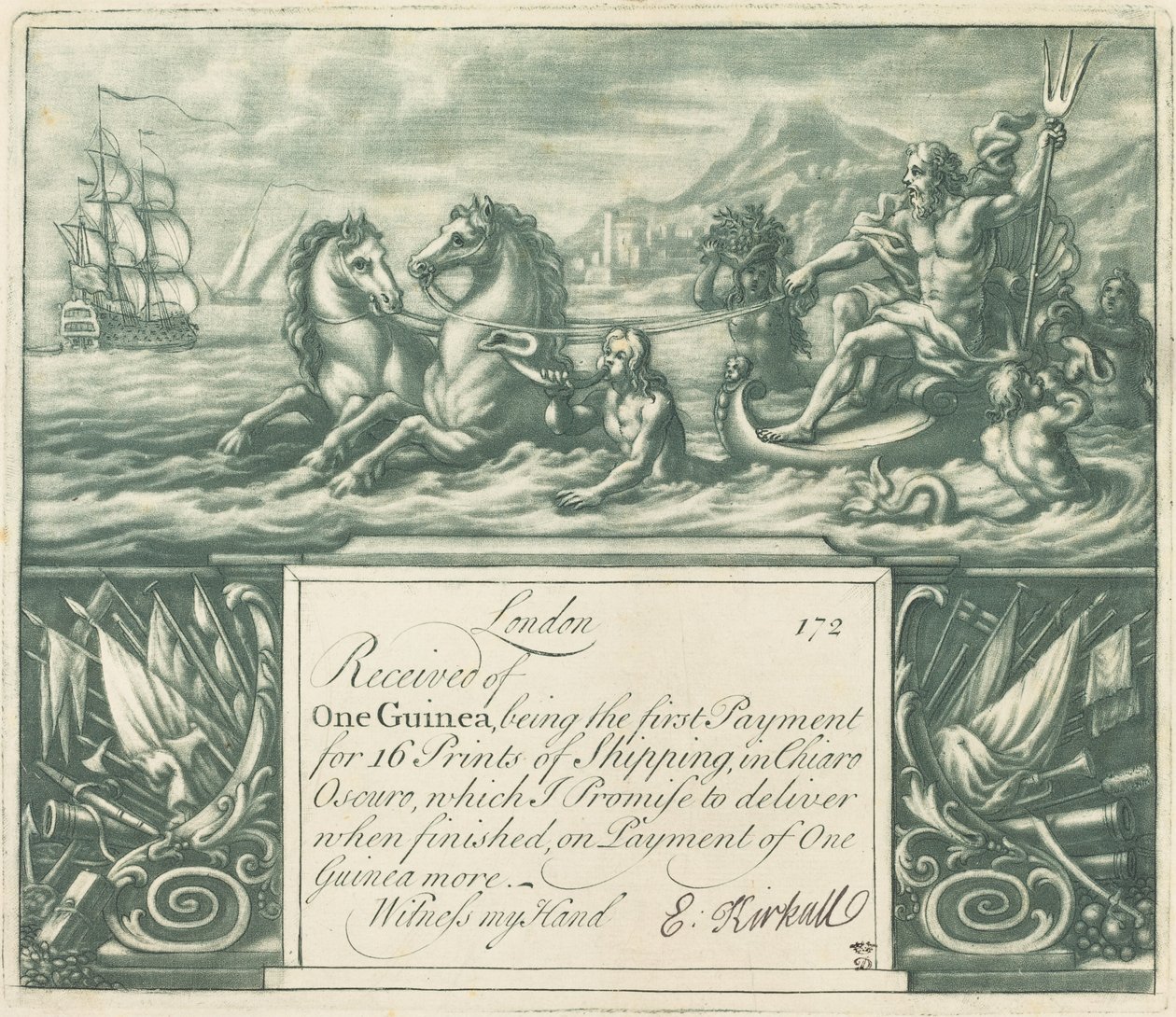 Tilauskuitti (Neptune ja Juno) tekijältä Elisha Kirkall, after George Vertue, after Louis Chéron