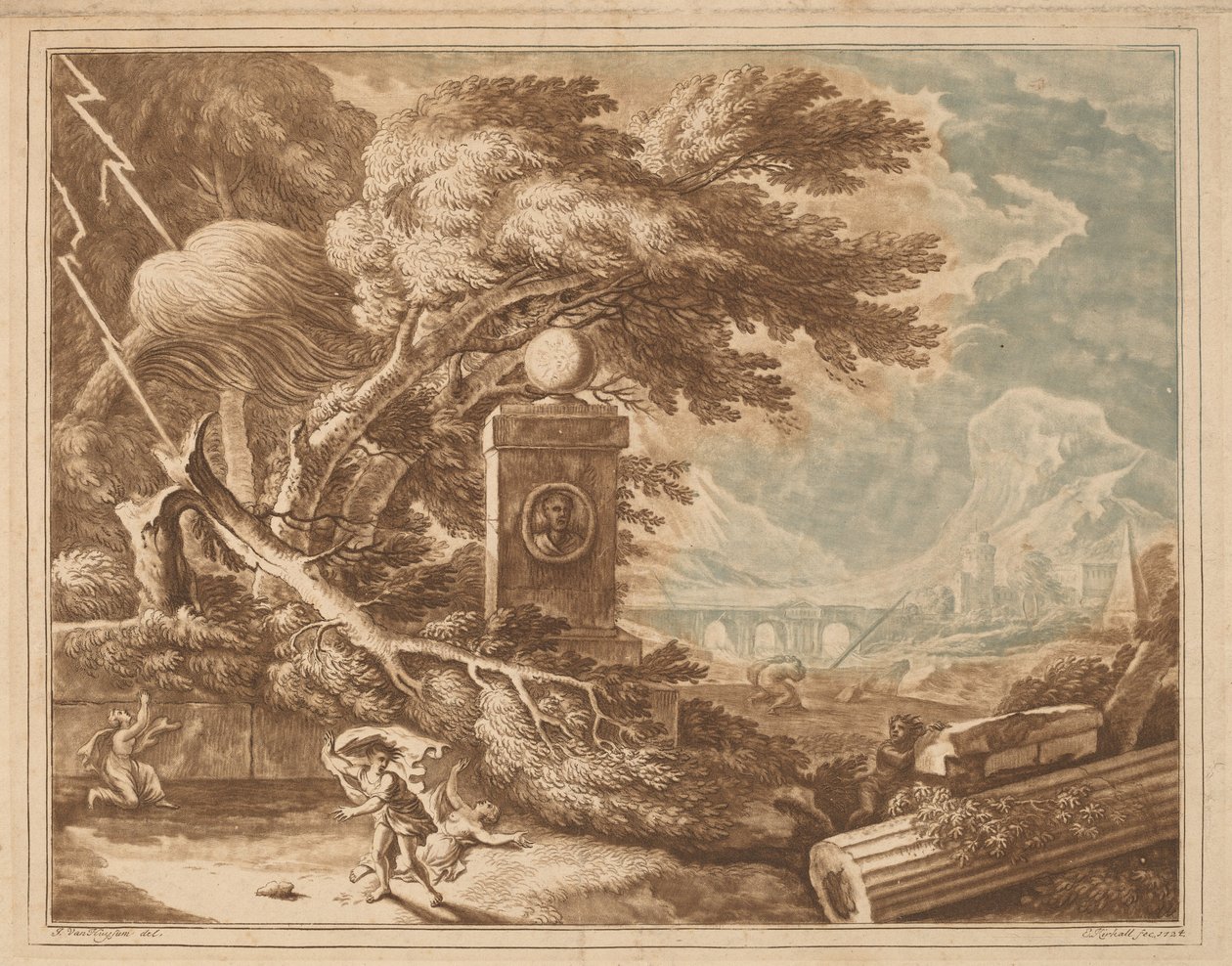 Sankarillinen myrskyinen maisema tekijältä Elisha Kirkall, after Jan van Huysum