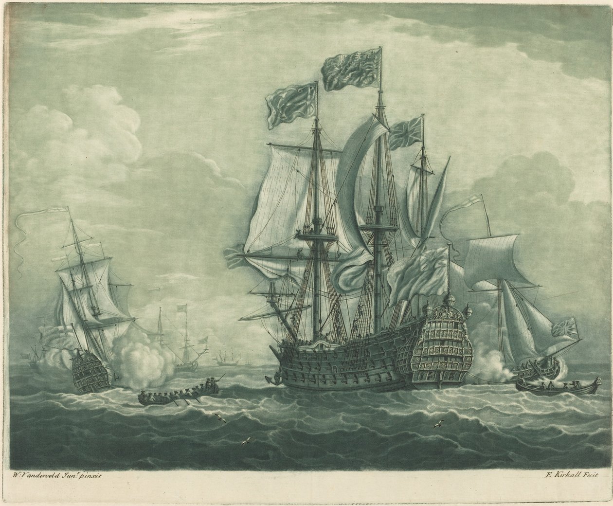 Lähetyskohtaus Man-of-Warin kanssa tekijältä Elisha Kirkall after Willem van de Velde the Younger