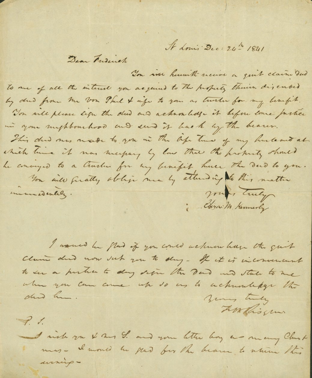 Eliza Kennerlyn kirje Frederick Saugrainille 24. joulukuuta 1841 tekijältä Eliza Kennerly