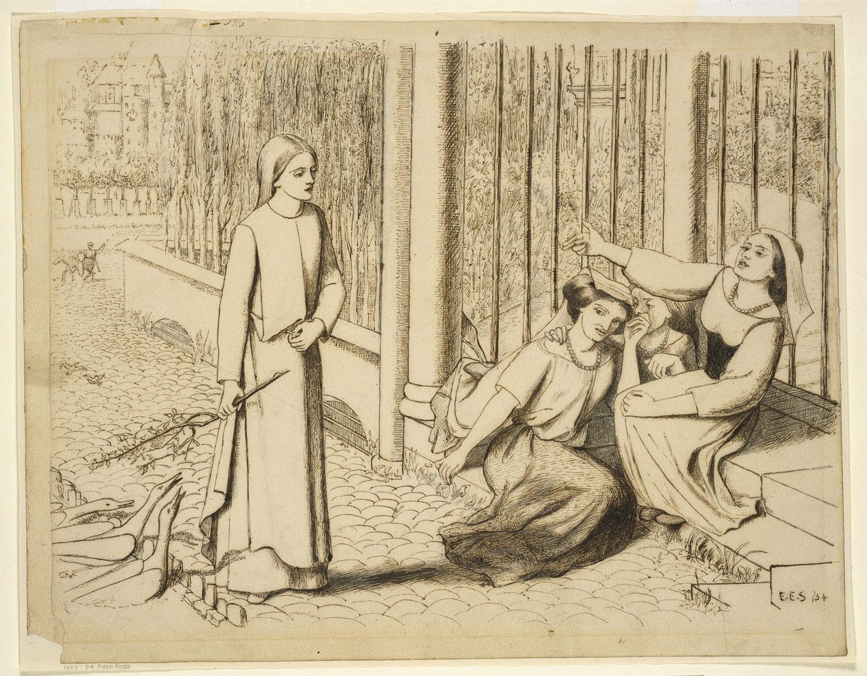 Pippa Passit, 1854 (kynä ja ruskea muste luonnonvalkoiselle paperille) tekijältä Elizabeth Eleanor Siddal
