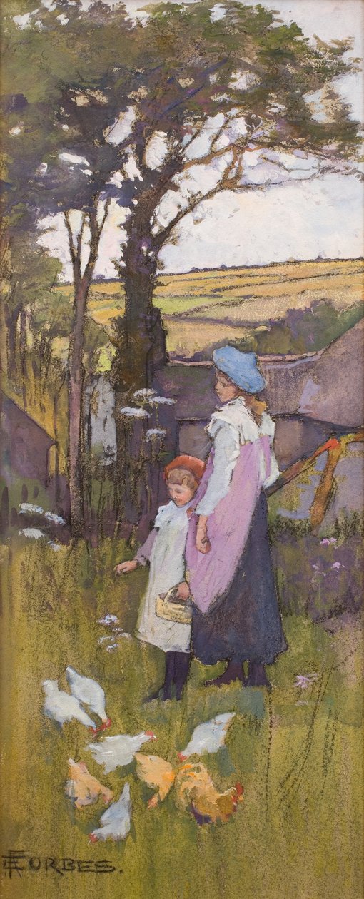 Kanojen ruokkiminen (Pastelli ja akvarelli kartongille) tekijältä Elizabeth Adela Stanhope Forbes