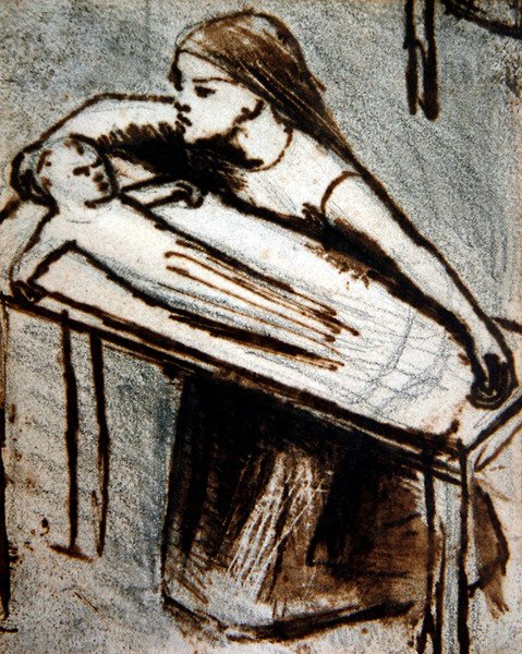 Polvistuva tyttö vauvan kanssa (kynä ja muste paperille) tekijältä Elizabeth Eleanor Siddal