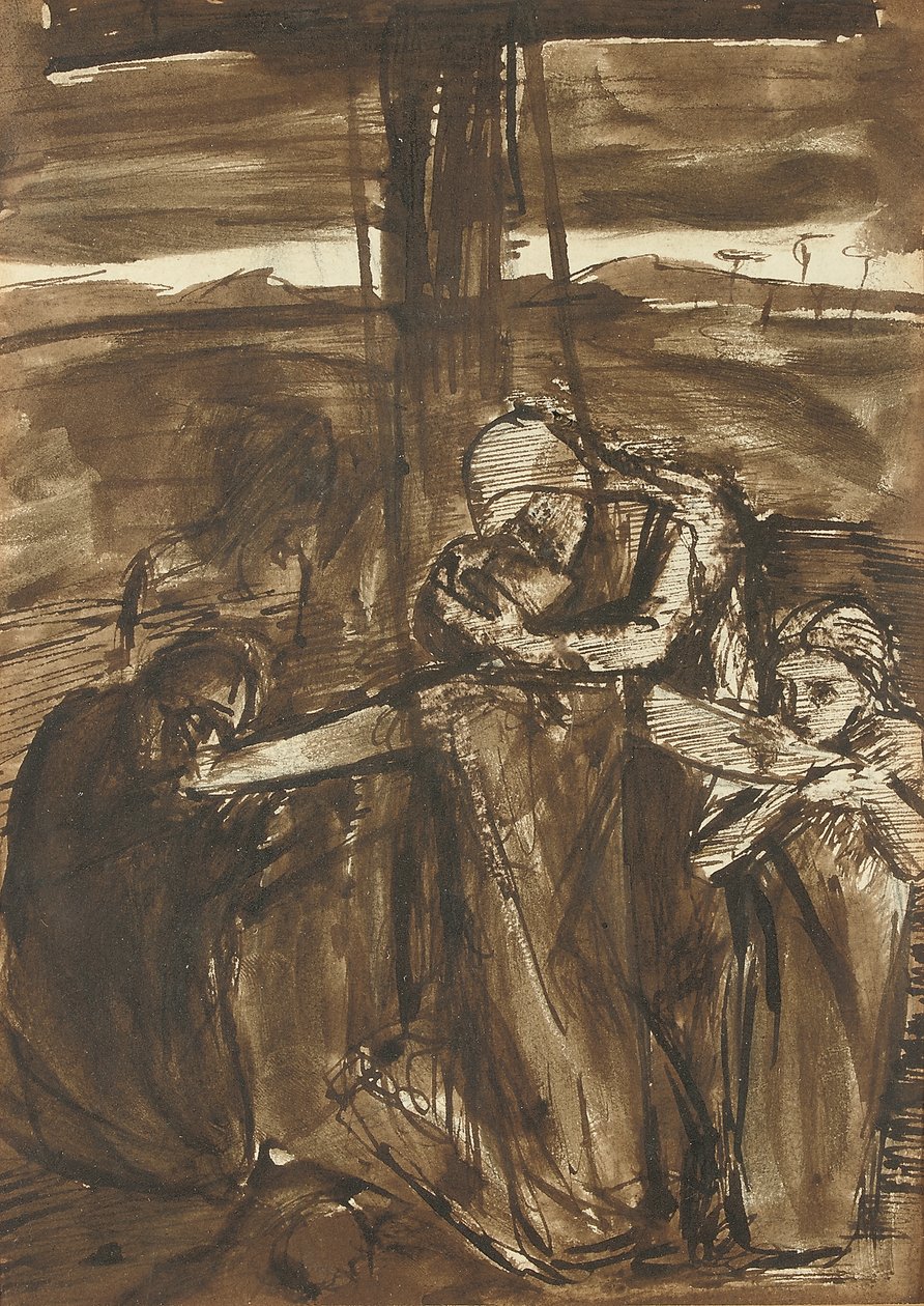 Laskeutuminen ristiltä, n.1834-62 (kynä, mustaa tussia ja ruskeaa tussia paperille). tekijältä Elizabeth Eleanor (1834 62) Siddal