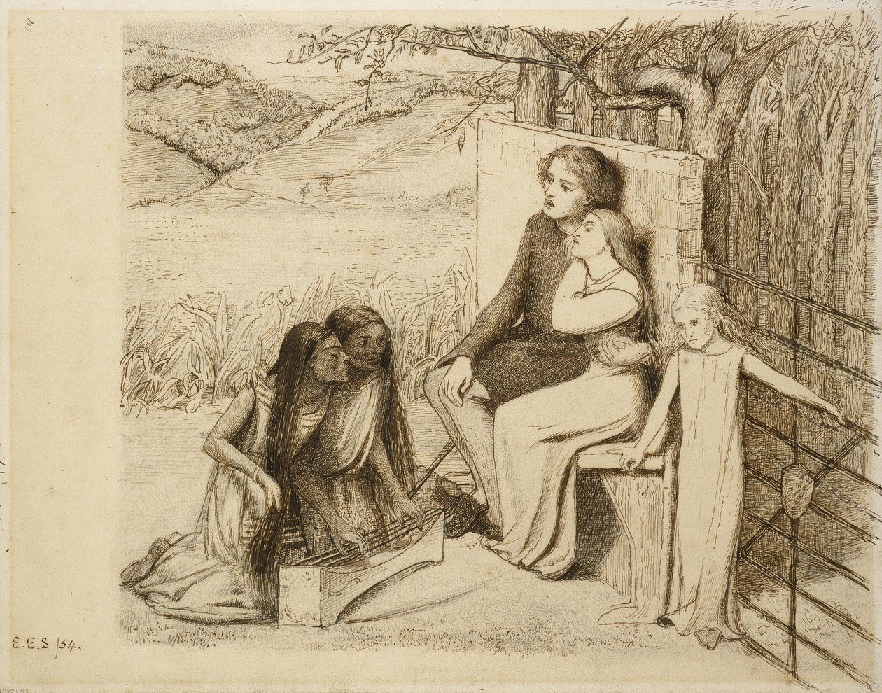 Two Lovers, 1854 (kynä ja ruskea muste luonnonvalkoiselle paperille) tekijältä Elizabeth Eleanor Siddal
