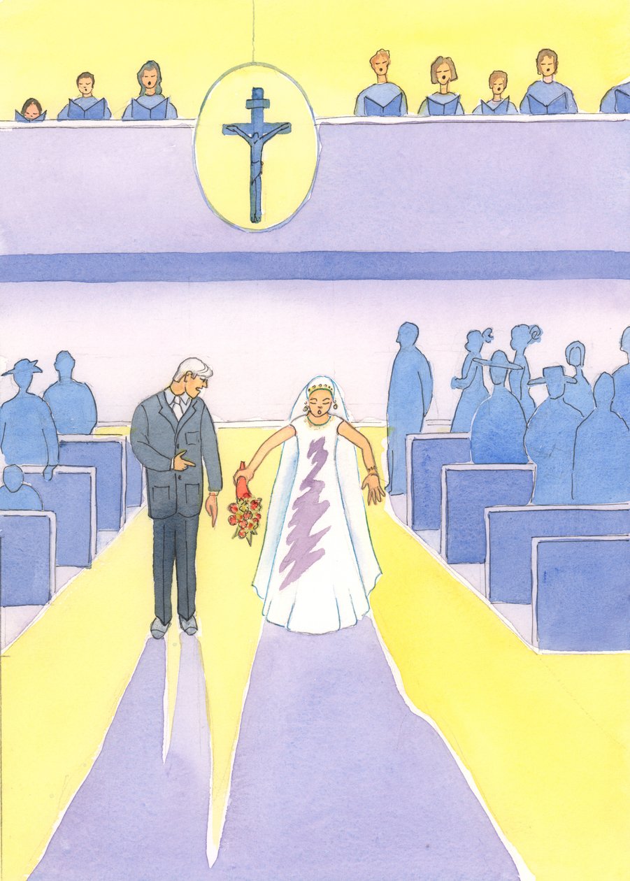 Morsian on kauhuissaan nähdessään tahran pukussaan, ja meidän tulisi myös välttää "tahroja" sielullemme vakavan synnin vuoksi, kun menemme vastaanottamaan ehtoollista, 2003 (paperilla) tekijältä Elizabeth Wang