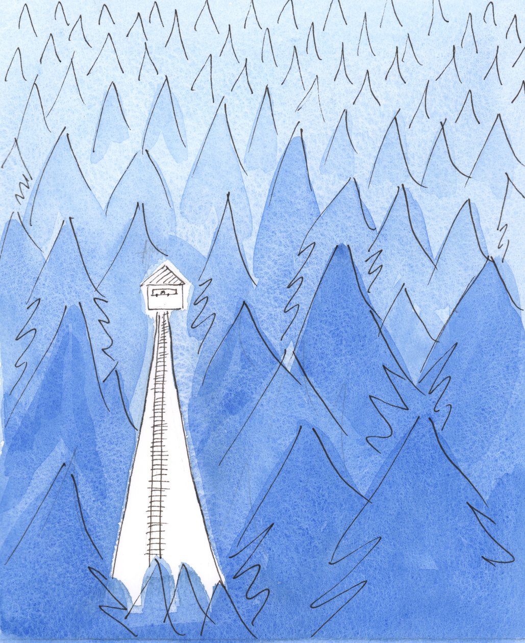 Vartiotornissa oleva metsänvartija asuu valon keitaassa synkän, kylmän, pimeän maiseman keskellä, 2003 (paperilla) tekijältä Elizabeth Wang