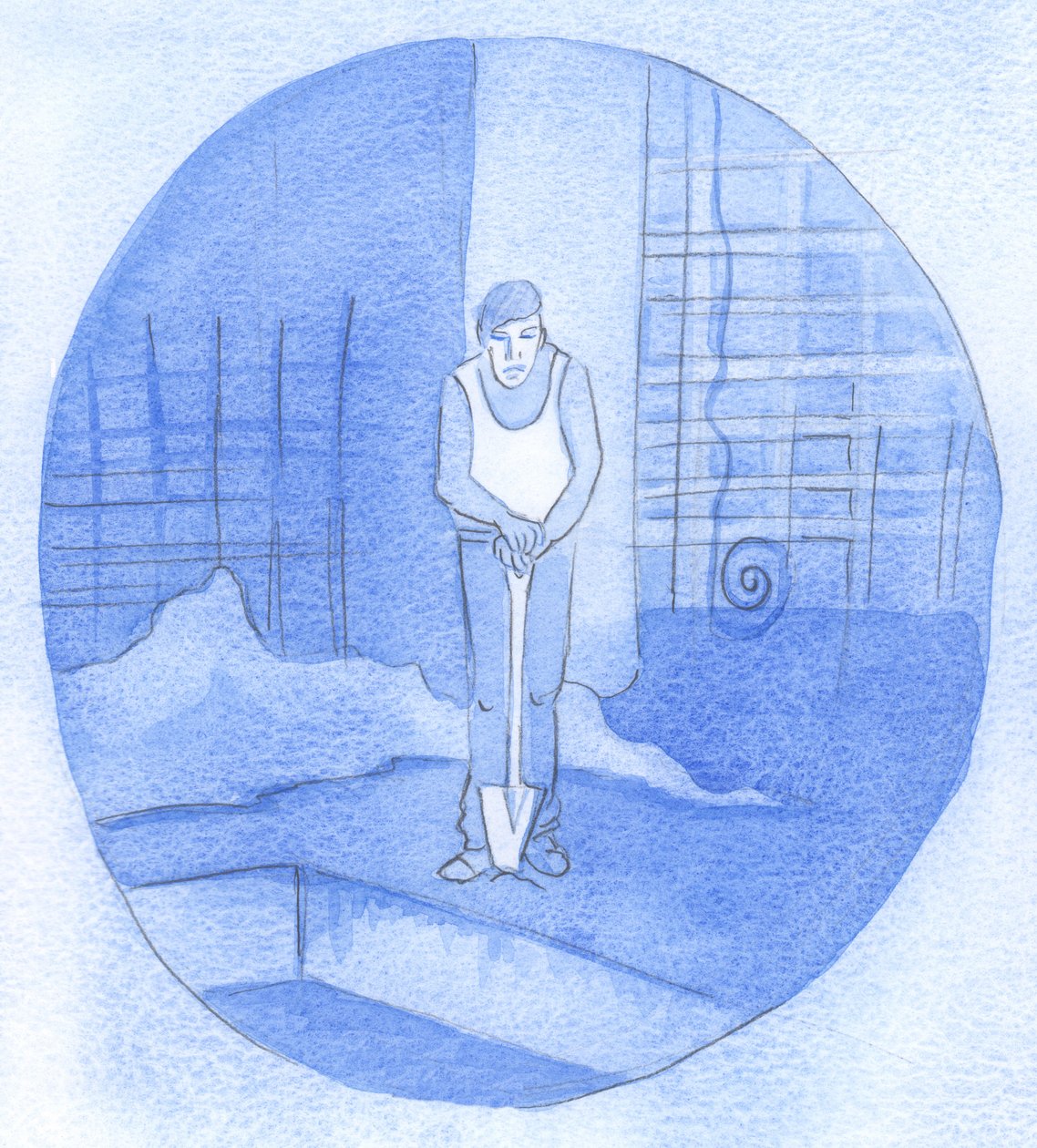 Työmies nojaa lapioonsa rakennustyömaan sotkussa ja sotkussa, mutta ei vielä näe syytä kaikelle työlleen: niin on meidänkin kanssamme, kun pysymme uskossa!, 2001 (paperilla) tekijältä Elizabeth Wang