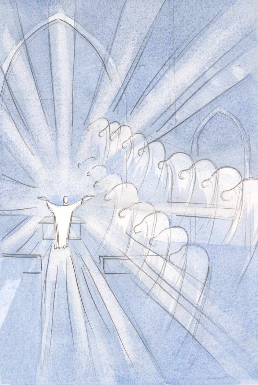 Enkelit ja pyhät kumartavat alas, palvoen Kristuksen uhria: "Hänen kautta, Hänen kanssaan, Hänessä?", 2001 (paperilla) tekijältä Elizabeth Wang