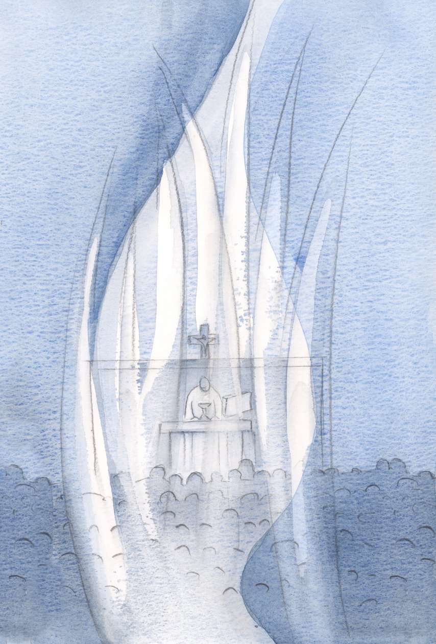 Enkelit palvovat kaikkialla, missä Kristus on läsnä, pimeyttä tai kylmää kestämättä., 2001 (w/c paperilla) tekijältä Elizabeth Wang