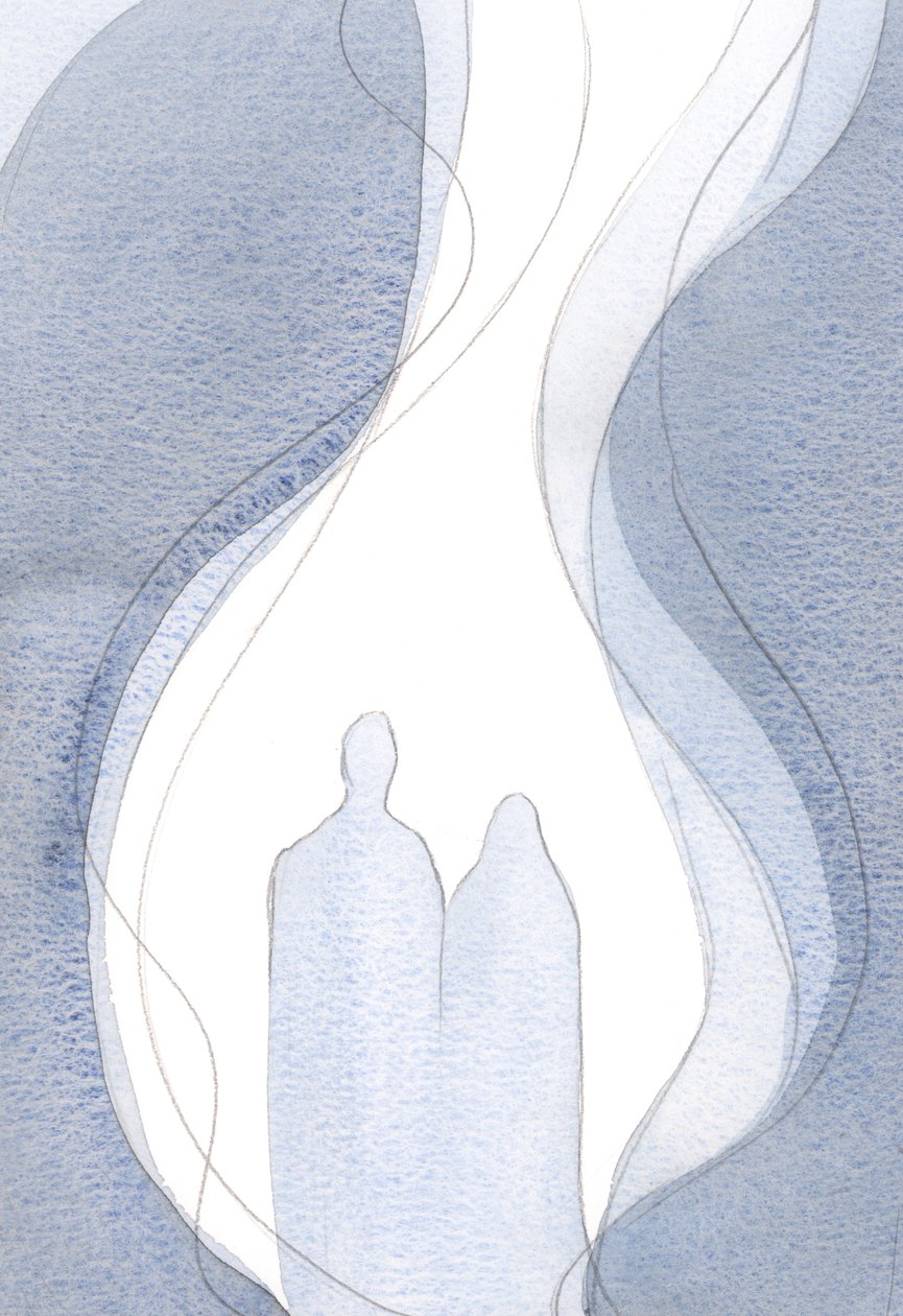 Kun rukoilin Kristuksen ja Hänen äitinsä yhteydessä, pieni rukousliekkini oli osa suurta, nousevaa liekkiä., 2001 (w/c paperilla) tekijältä Elizabeth Wang