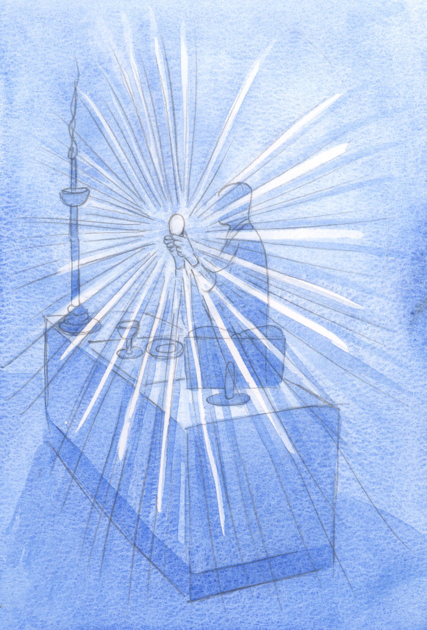 Corpus Christi -juhlissa (Kristuksen pyhä ruumis ja veri) kirkkaat valonsäteet virtasivat kohonneesta isännästä, 2001 (w/c paperilla) tekijältä Elizabeth Wang