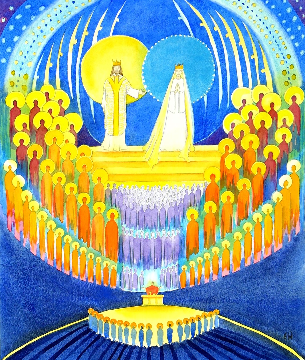 Messussa olemme yhdessä koko Taivaan seuran kanssa, 2001 (paperilla w/c) tekijältä Elizabeth Wang