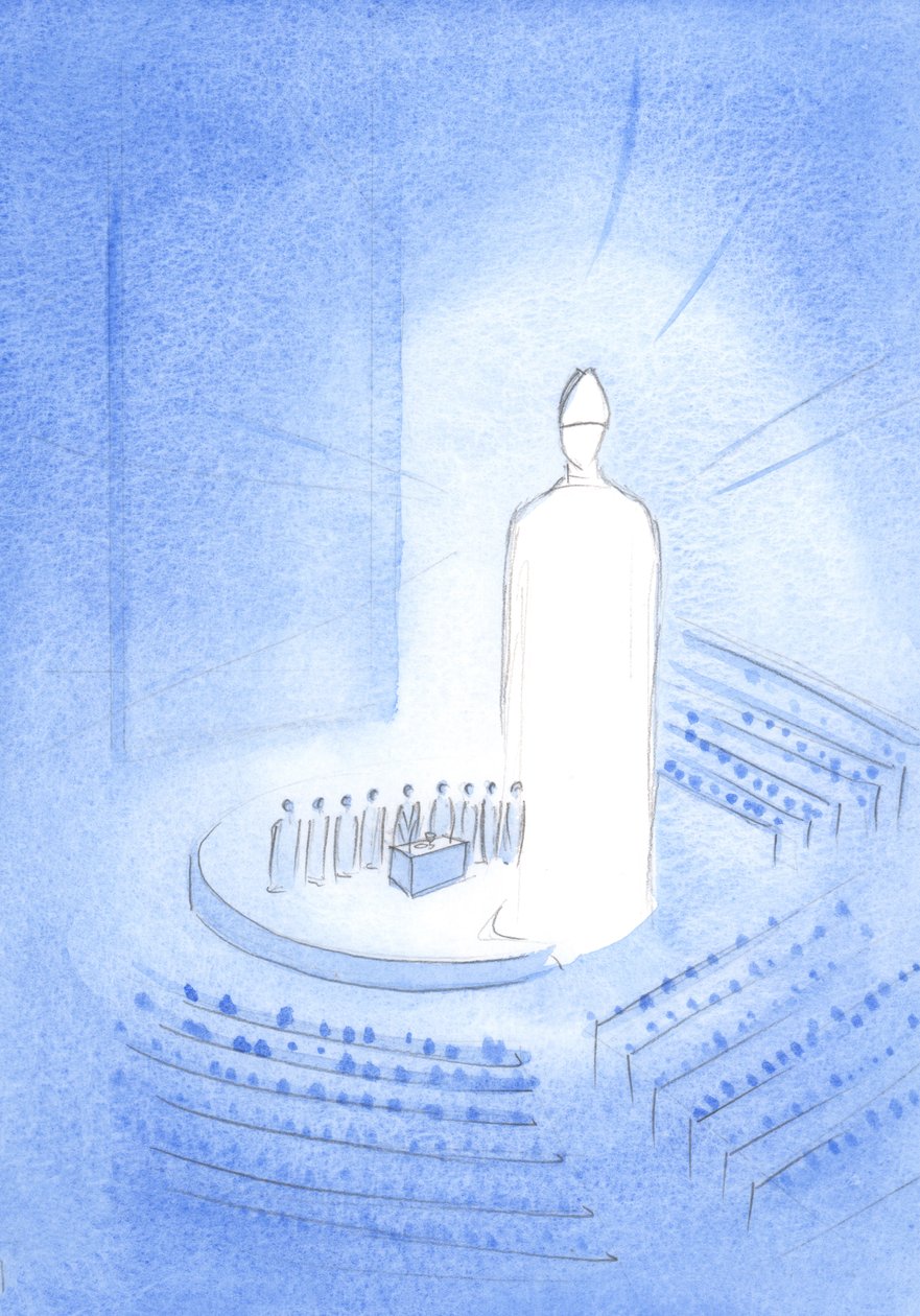 Knockin basilikan pyhäkön keskellä näin Jeesuksen pyhän messun aikana; Hän loisti valoa, jiiri päässään, 2001 (paperilla w/c) tekijältä Elizabeth Wang