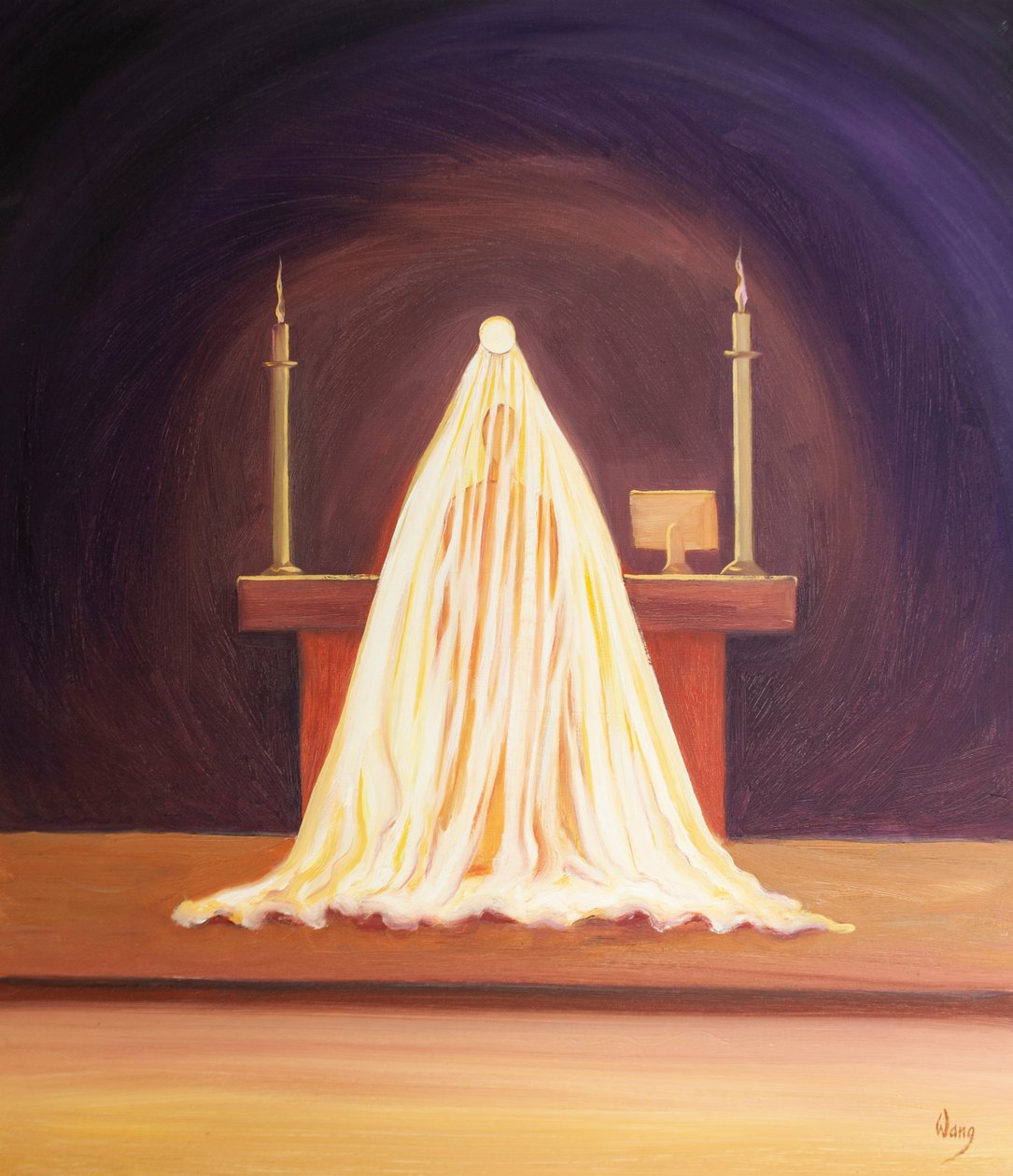 Vihkimisen yhteydessä Jeesus on läsnä, rakastaen meitä, vaikkakin peitettynä näkyviltämme., 2001 (öljyä aluksella) tekijältä Elizabeth Wang