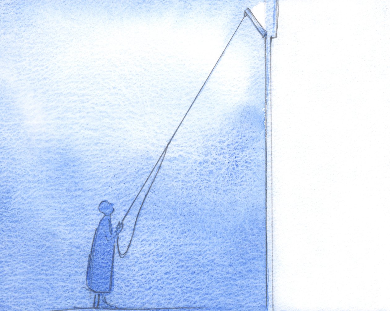 Tunnustan heikkouteni ja itsekkäitä toiveitani, on kuin avaisin korkean ikkunan sielussani. Valo tulvii sisään, 2002 (w/c paperilla) tekijältä Elizabeth Wang
