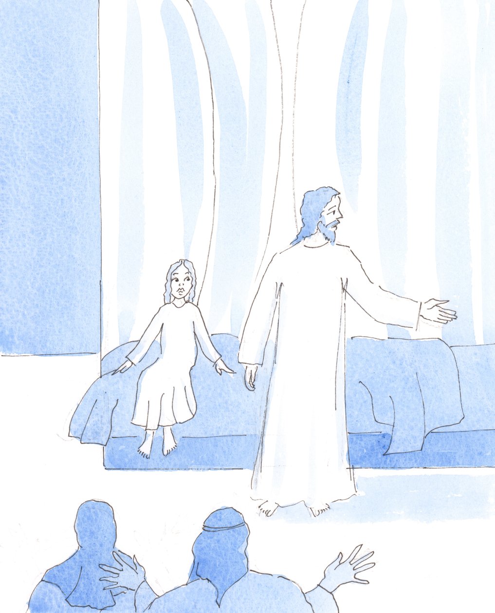 Osoittamalla huolenpitoa ruokaa ja juomaa tarvitsevista ihmisistä osoitamme sydämessämme olevan rakkauden - kuten Jeesus teki parantaessaan pienen tytön, 2005 (vesiväri paperille). tekijältä Elizabeth Wang