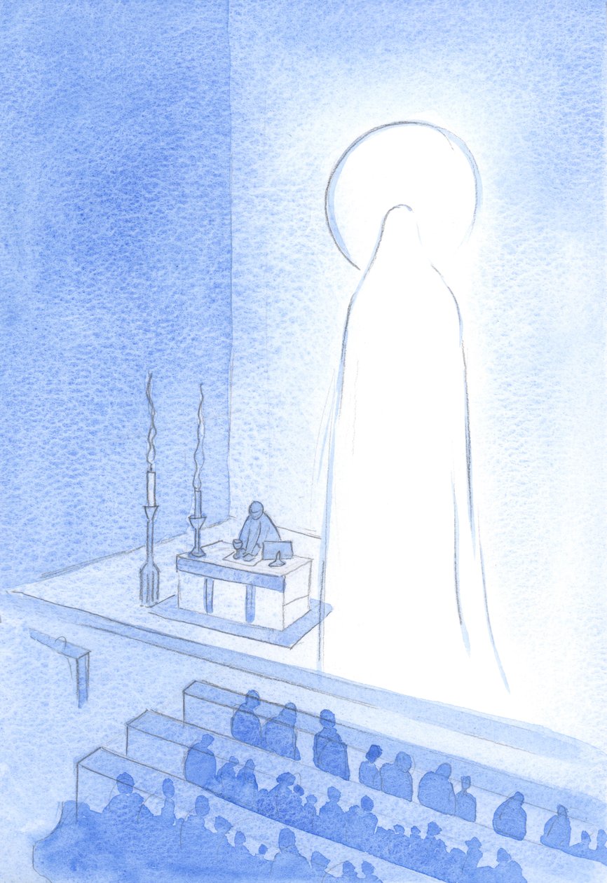 Kristus ja Hänen pyhä äitinsä ovat elossa, taivaassa nyt, kirkkaina. Olla näin ylistetty on olla majesteettinen ja täydellinen kaikella tavalla, 2001 (w/c paperilla) tekijältä Elizabeth Wang