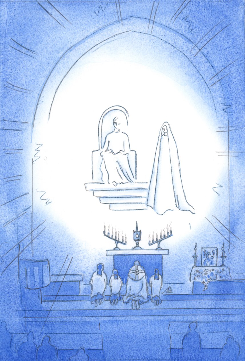 Kristus on valtaistuimella yläpuolellamme, kirkkaudessa, novenassamme ja siunauksessamme, joka on kuin taivaallinen juhla. Äitimme Mary seisoo iloisena lähellä, 2002 (paperilla) tekijältä Elizabeth Wang