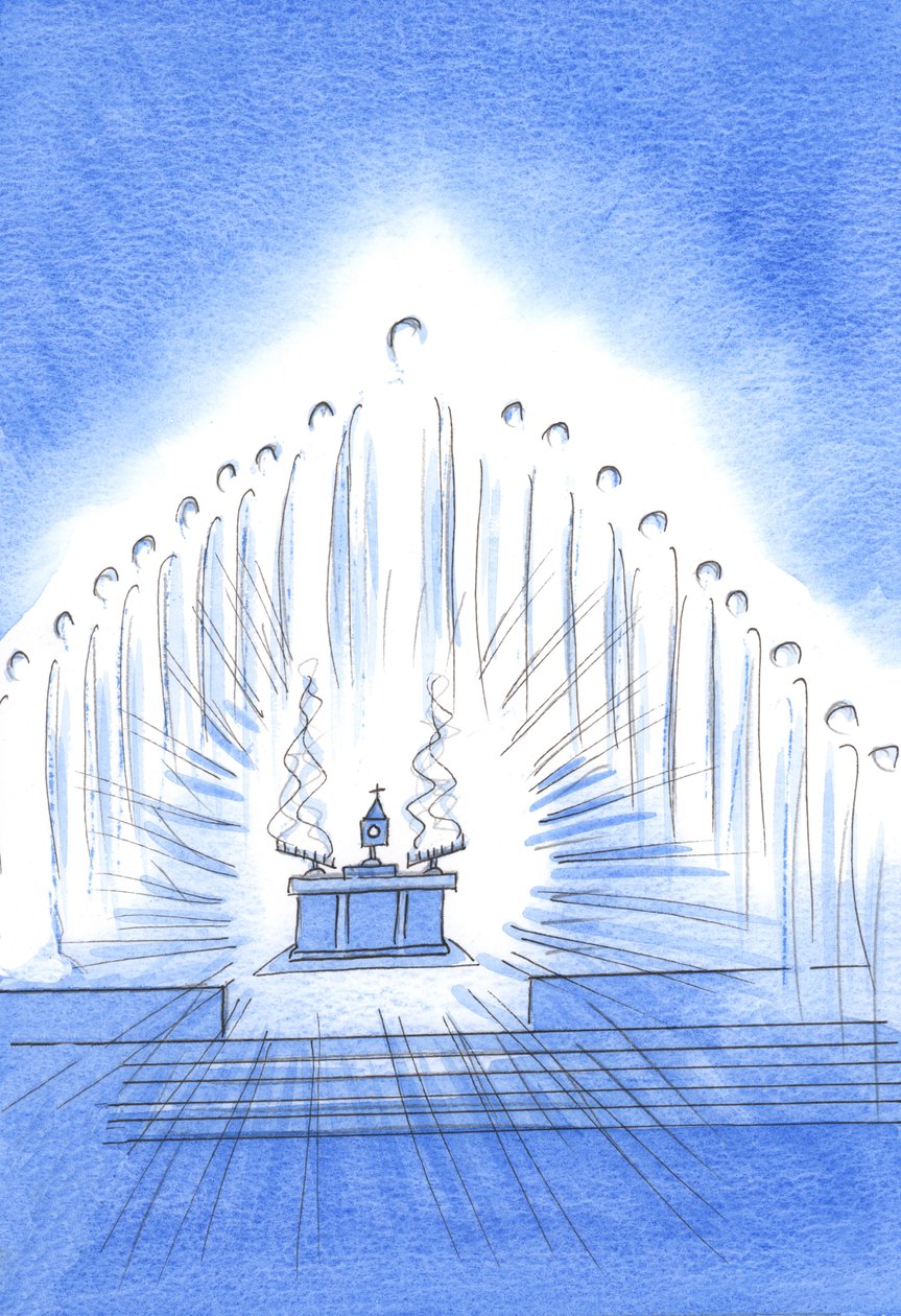Kristus on läsnä pyhien enkeliensä kanssa novenassamme ja siunauksessamme; ja Our Lady iloitsee häpeämättömästä kiintymyksestämme, 2002 (w/c paperilla) tekijältä Elizabeth Wang