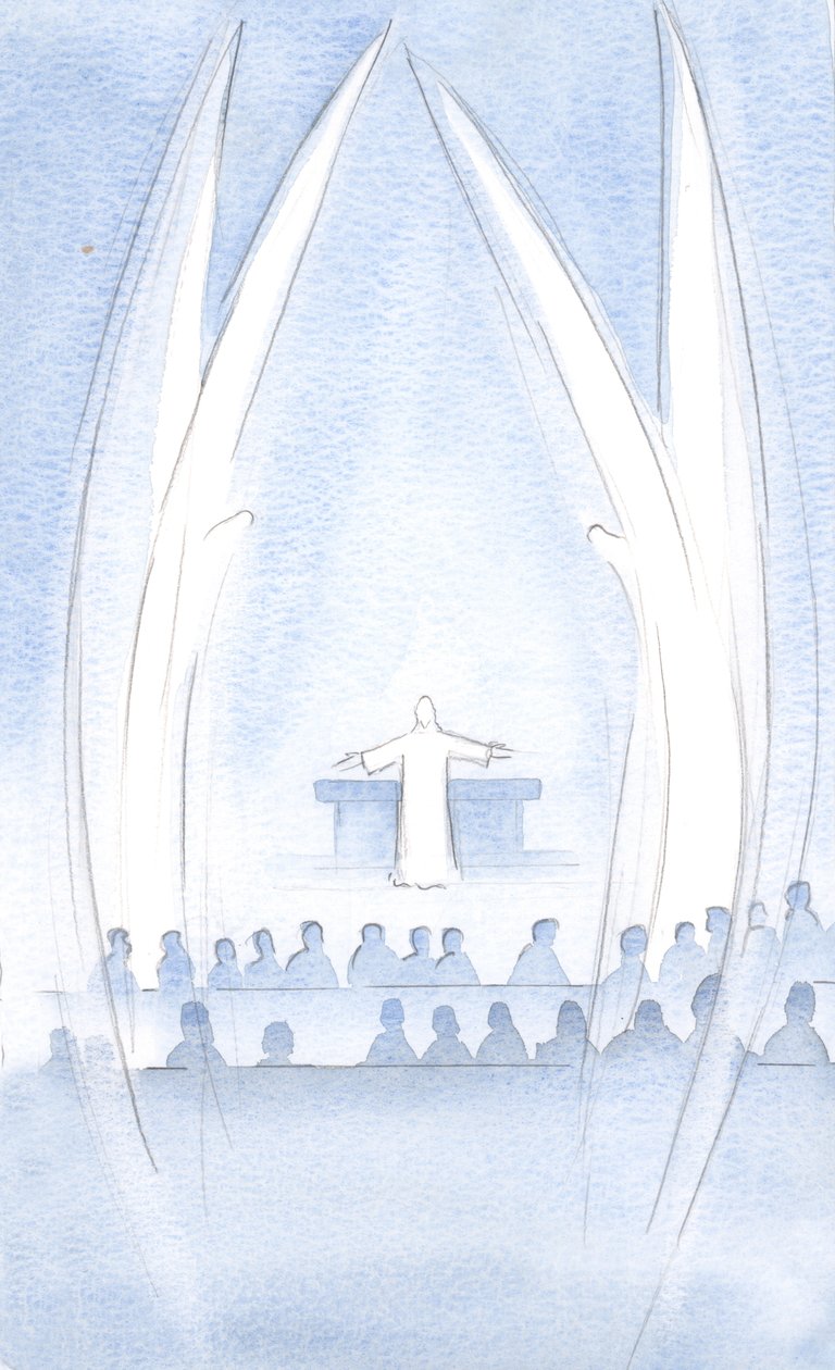 Kristus, meidän ylösnoussut Herramme, oli läsnä, olemme kirkkaudessaan ja voimassaan, Hänen pyhien enkeliensä vartioimana, 2000 (w/c paperilla) tekijältä Elizabeth Wang