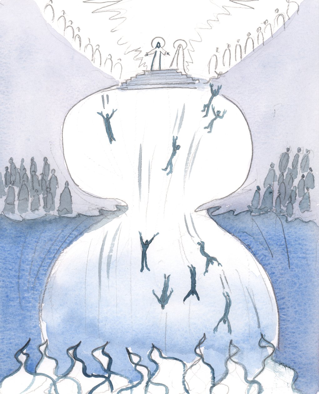 Kristus näytti minulle satoja pieniä hahmoja edessäni levittäytyvässä suuressa panoraamassa, 2005 (akvarelli paperille). tekijältä Elizabeth Wang