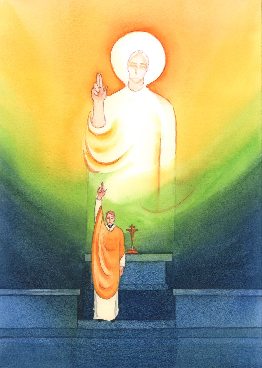 Kristus puhuu ja toimii pappien kautta, jotka siunaavat ja antavat anteeksi "in persona Christi capitis", "Kristus Pään persoonassa", 2002 (w/c paperilla) tekijältä Elizabeth Wang