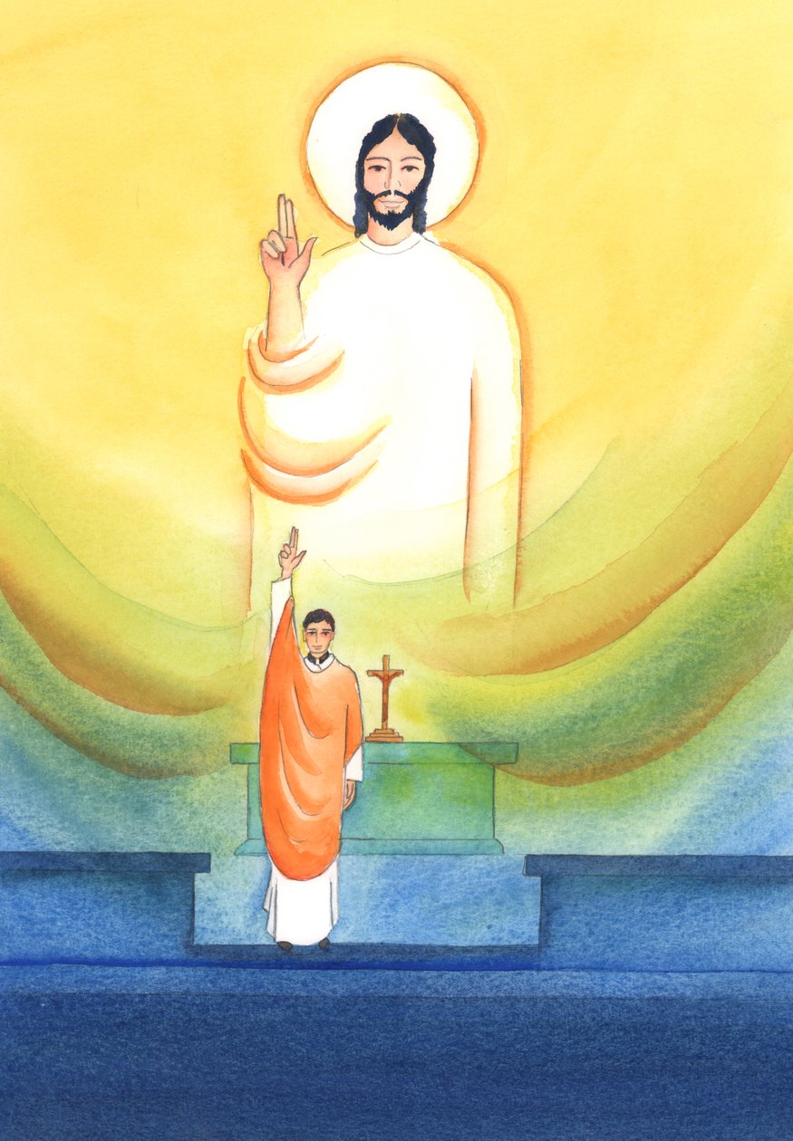 Kristus puhuu ja toimii pappien kautta, jotka siunaavat ja antavat anteeksi "in persona Christi capitis", "Kristus Pään persoonassa", 2002 (w/c paperilla) tekijältä Elizabeth Wang