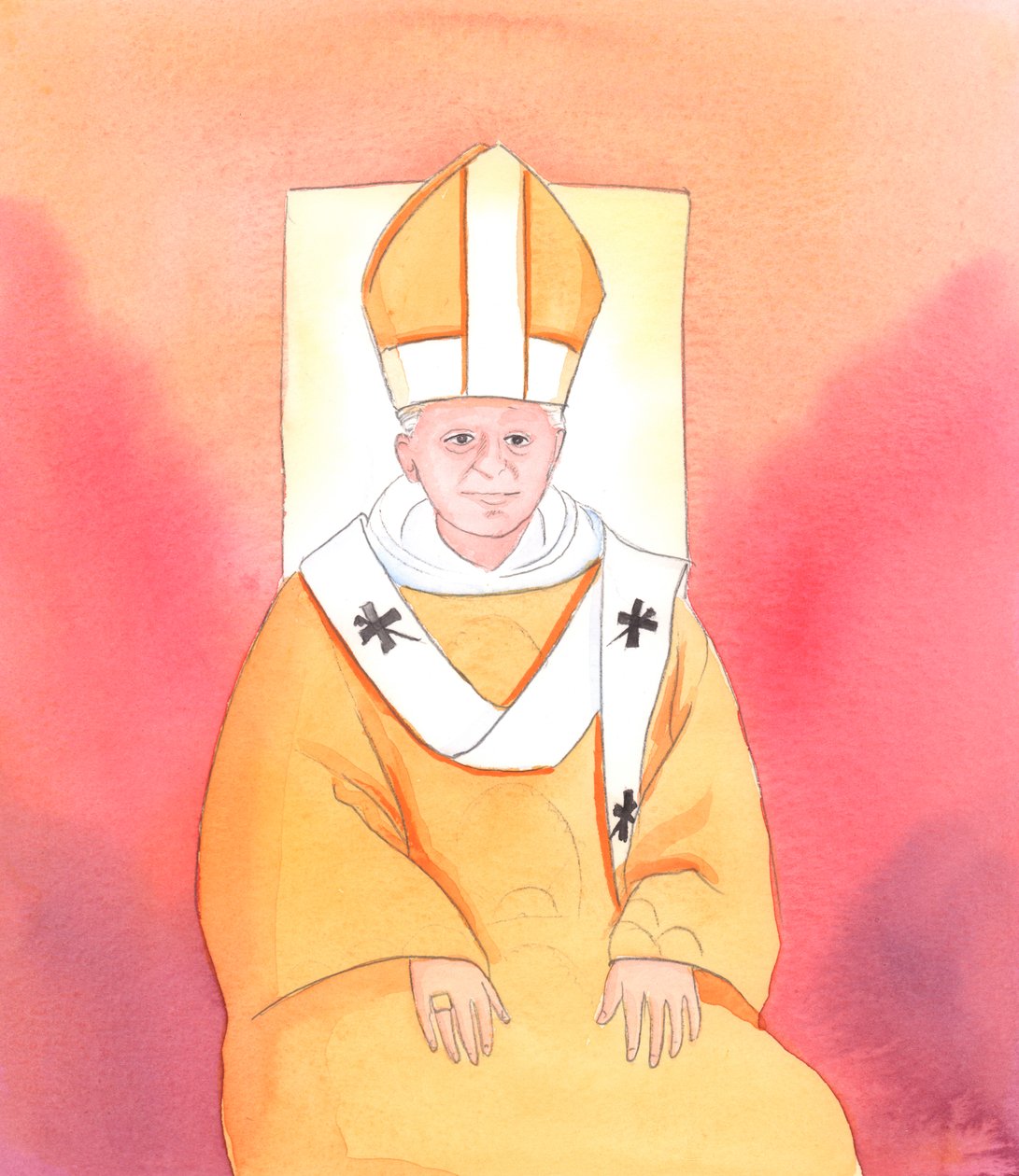 Kristus kertoi minulle, että kukaan ei ole tarkkanäköisempi kuin paavi Benedictus XVI niiden muutosten suhteen, jotka ovat välttämättömiä sen varmistamiseksi, että pyhä liturgia toimitetaan sopivalla, taivaan arvoisella tavalla, 2005 (akvarelli paperille). tekijältä Elizabeth Wang