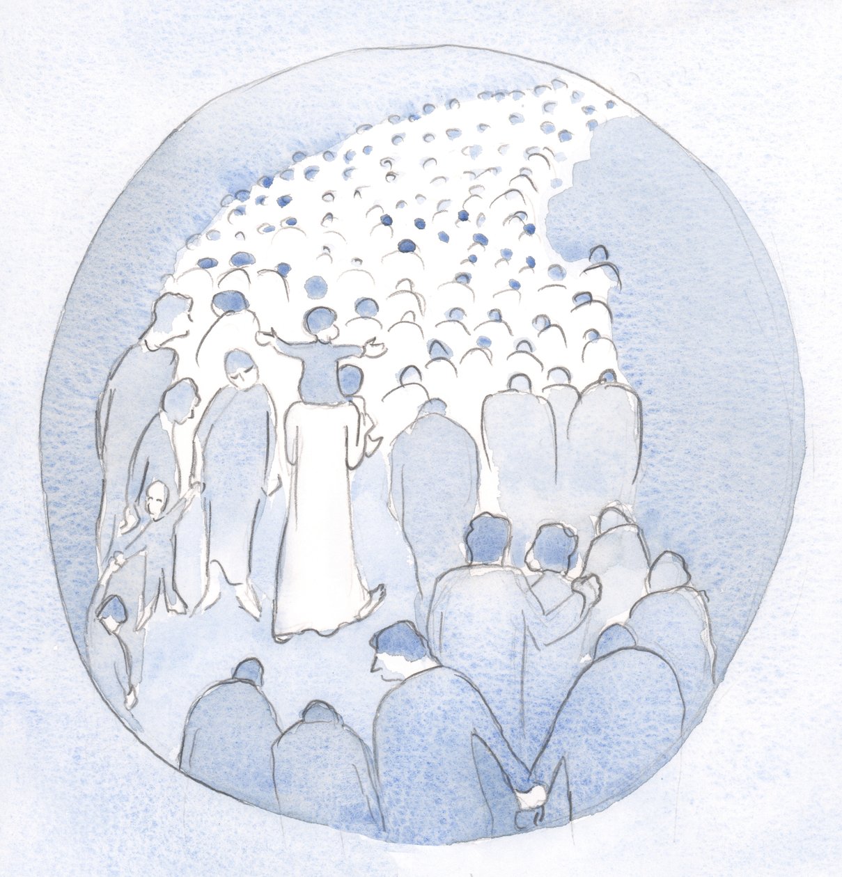 Kristus kulki kansansa keskellä, lapsi harteillaan, pyhiinvaeltajien ja sairaiden kanssa., 2001 (paperilla) tekijältä Elizabeth Wang