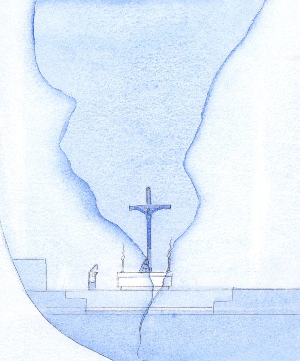 Pyhän messun aikana pyhäkön poikki ilmestyi halkeama, jonka läpi näin Kristuksen ristillä, 2002 (paperilla) tekijältä Elizabeth Wang