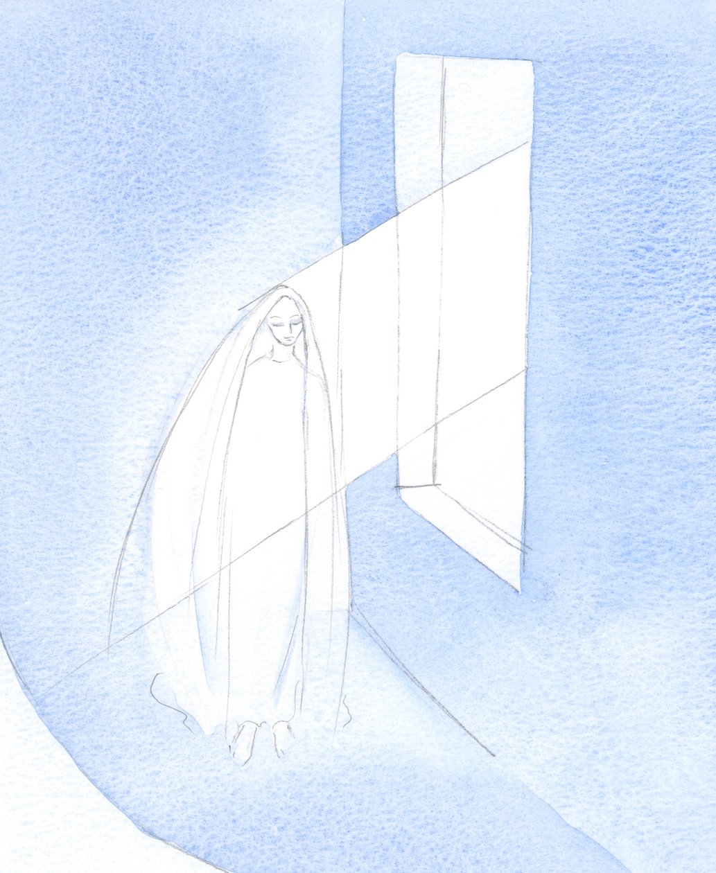 Jumala sai Pyhän Henkensä toiminnan kautta sanan astumaan Marian elämään hänen suostumuksellaan ja ottamaan lihaa hänen kohdussaan., 2001 (w/c paperilla) tekijältä Elizabeth Wang