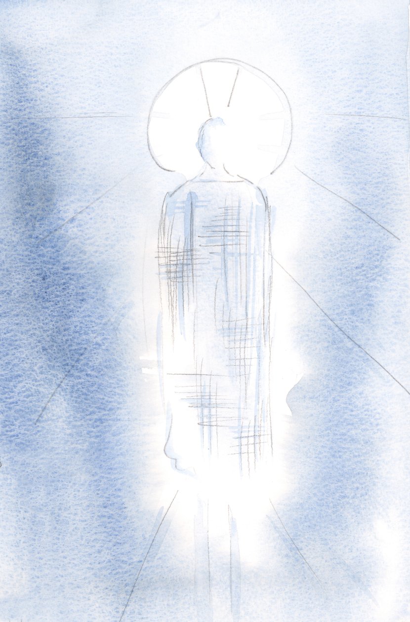 Hän seisoi majesteettisuudessa, kuninkaallinen kaapu, päänsä ympäröimänä valo., 2001 (w/c paperilla) tekijältä Elizabeth Wang